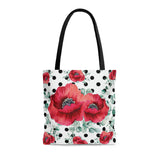 Tote Bag-Rouge Red Floral-Black Polka Dots-White