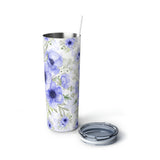 Skinny Tumbler, 20oz-Soft Blue Floral-Blue Stencil-White