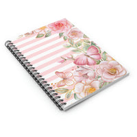 Small Spiral Notebook, 6x8in-Pink Floral Butterflies-Pink Horizontal Stripes