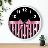 Wall Clock-Glam Pink Bow-Pink Black Pinstripes-Black