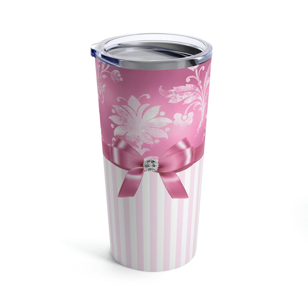 Tumbler 20oz-Glam Pink Bow-Pink White Stencil-Pink White Pinstripes