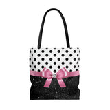 Tote Bag-Glam Pink Bow-Black Polka Dots-Black Glitter