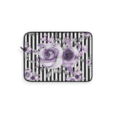 Laptop Sleeve-Soft Purple Floral-Black White Pinstripes