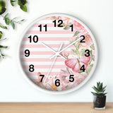 Wall Clock-Pink Floral Butterflies-Pink Horizontal Stripes