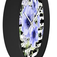 Wall Clock-Soft Blue Floral-Black Horizontal Stripes-White