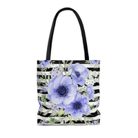 Tote Bag-Soft Blue Floral-Black Horizontal Stripes-White