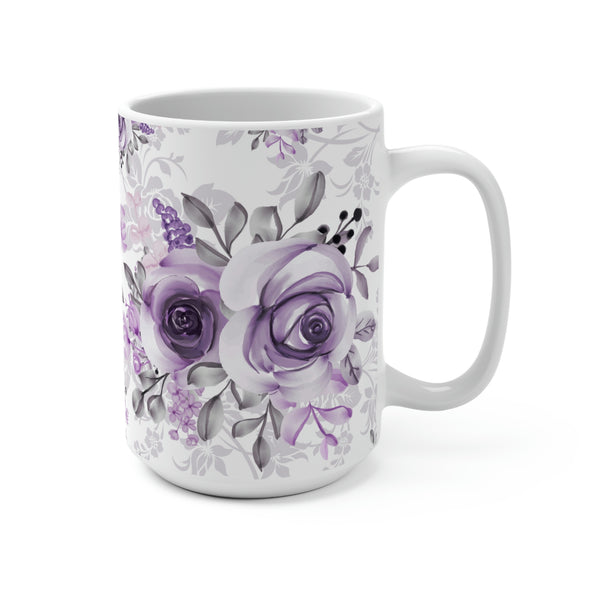 Coffee Mug 15oz-Soft Purple-Floral Stencil-White
