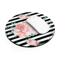 Mouse Pad-Lush Pink Floral-Black Horizontal Stripes-White