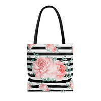 Tote Bag-Lush Pink Floral-Black Horizontal Stripes-White