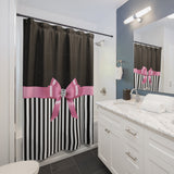 Shower Curtains-Glam Pink Bow-Black White Pinstripes-Black