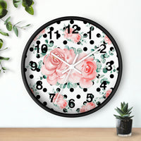 Wall Clock-Lush Pink Floral-Black Polka Dots-White