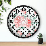 Wall Clock-Lush Pink Floral-Black Polka Dots-White