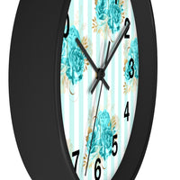 Wall clock-Aqua Blue-Floral Pinstripes