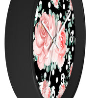 Wall Clock-Lush Pink Floral-White Polka Dots-Black