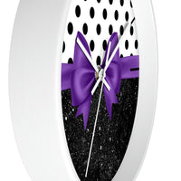 Wall Clock-Glam Purple Bow-Black Polka Dots-Black Glitter