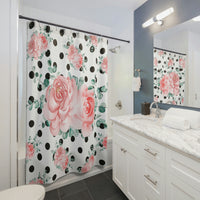 Shower Curtains-Lush Pink Floral-Black Polka Dots-White