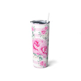 Skinny Tumbler, 20oz-Magenta Pink Floral-Pink Horizontal Stripes-White