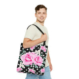 Tote Bag-Magenta Pink Floral-White Polka Dots-Black