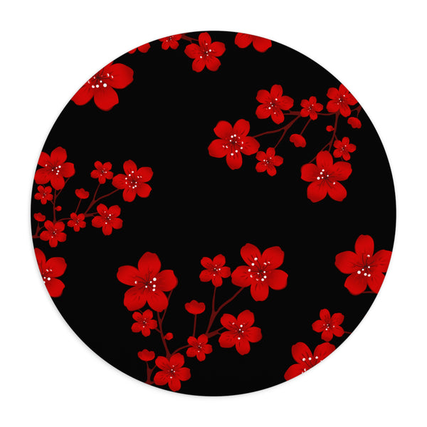 Mouse Pad-Red Floral Blossoms-Black