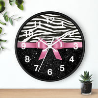 Wall Clock-Glam Pink Bow-Zebra-Black Glitter