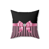 Square Pillow-Glam Pink Bow-Pink Black Pinstripes-Black