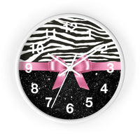 Wall Clock-Glam Pink Bow-Zebra-Black Glitter