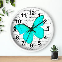 Wall Clock-Aqua Butterfly-Illegible Cursive-10"x10"in