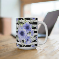 Coffee Mug 15oz-Soft Blue Floral-Black Horizontal Stripes-White