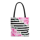 Tote Bag-Magenta Pink-Floral Bash-Black Horizontal Stripes-White