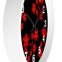 Wall Clock-Red Floral Blossoms-Black