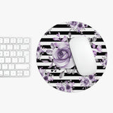 Mouse Pad-Soft Purple Floral-Black Horizontal Stripes-White