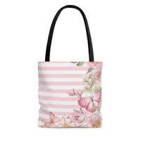 Tote Bag-Pink Floral Butterflies-Pink Horizontal Stripes