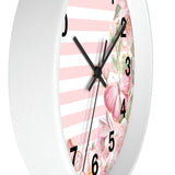 Wall Clock-Pink Floral Butterflies-Pink Horizontal Stripes