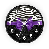 Wall Clock-Glam Purple Bow-Zebra-Black Glitter