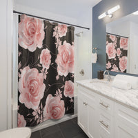 Shower Curtains-Pink Rose-Pink Stencil-Black