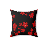 Square Pillow-Red Floral Blossoms-Black