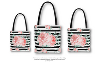 Tote Bag-Lush Pink Floral-Black Horizontal Stripes-White