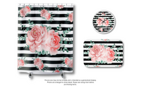 Shower Curtains-Lush Pink Floral-Black Horizontal Stripes-White