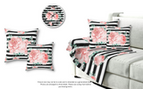 Wall Clock-Lush Pink Floral-Black Horizontal Stripes-White