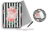 Laptop Sleeve-Lush Pink Floral-Black Horizontal Stripes-White