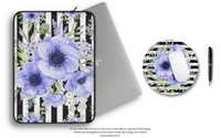 Laptop Sleeve-Soft Blue Floral-Black Horizontal Stripes-White