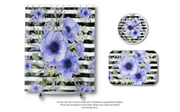 Shower Curtains-Soft Blue Floral-Black Horizontal Stripes-White