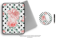 Laptop Sleeve-Lush Pink Floral-Black Polka Dots-White