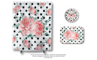 Shower Curtains-Lush Pink Floral-Black Polka Dots-White