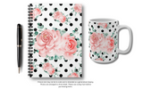 Small Spiral Notebook, 6x8in-Lush Pink Floral-Black Polka Dots-White