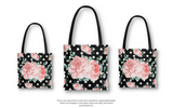 Tote Bag-Lush Pink Floral-White Polka Dots-Black