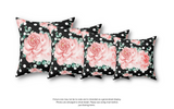 Square Pillow-Lush Pink Floral-White Polka Dots-Black