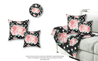 Square Pillow-Lush Pink Floral-White Polka Dots-Black