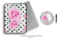 Laptop Sleeve-Magenta Pink Floral-Black Polka Dots-White