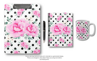 Small Spiral Notebook, 6x8in-Magenta Pink Floral-Black Polka Dots-White